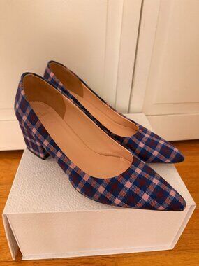 J.Crew Plaid Pointed Toe Block Heel Pumps Blue Pink Size 7